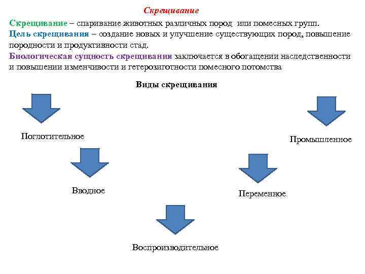 Скрещивание – спаривание животных различных пород или помесных групп. Цель скрещивания – создание новых