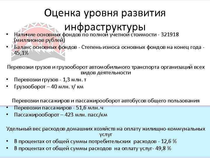 Оценка уровня развития инфраструктуры • Наличие основных фондов по полной учетной стоимости - 321918