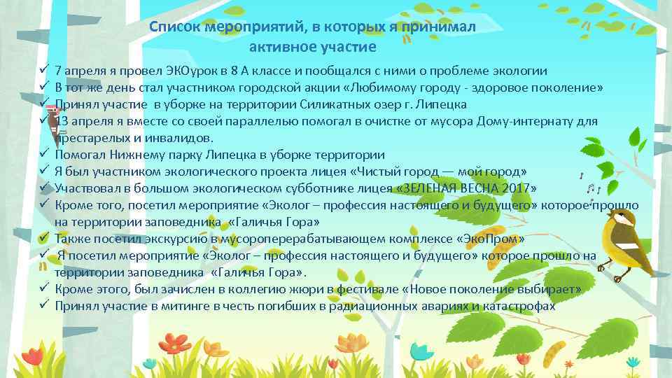 Список мероприятий, в которых я принимал активное участие ü ü ü 7 апреля я