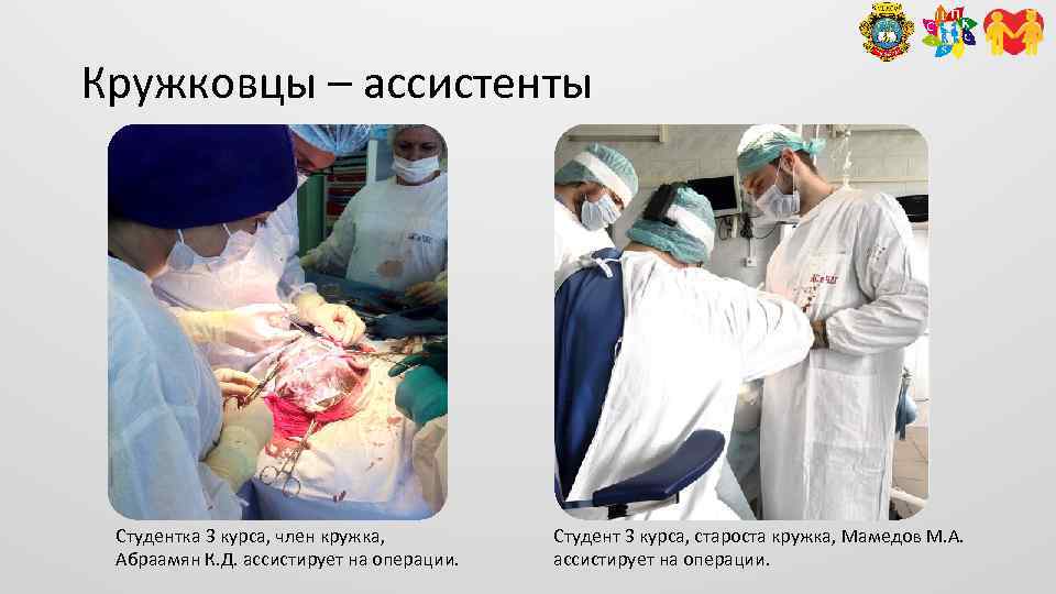 Кружковцы – ассистенты Студентка 3 курса, член кружка, Абраамян К. Д. ассистирует на операции.
