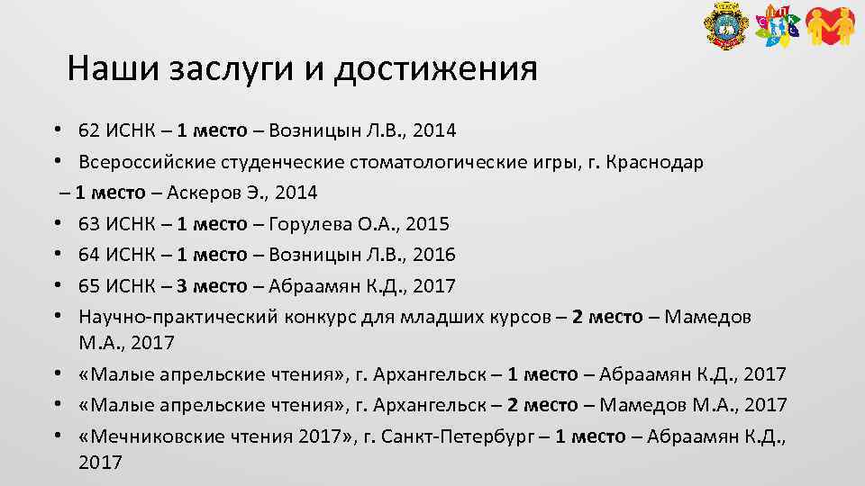 Наши заслуги и достижения • 62 ИСНК – 1 место – Возницын Л. В.