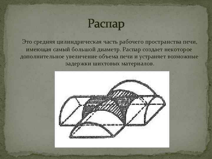 Распар Это средняя цилиндрическая часть рабочего пространства печи, имеющая самый большой диаметр. Распар создает