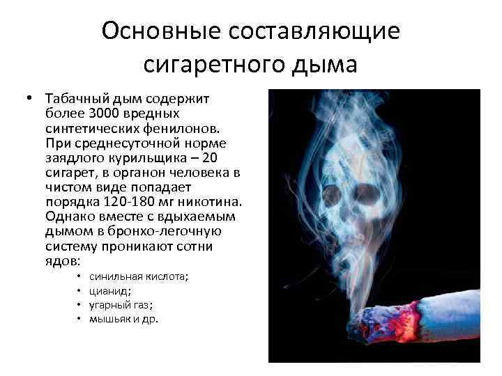 Основные составляющие сигаретного дыма • Табачный дым содержит более 3000 вредных синтетических фенилонов. При