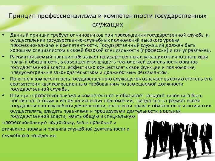 Принцип профессионализма и компетентности государственных служащих Данный принцип требует от чиновников при прохождении государственной