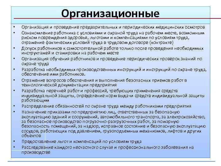 Организационные • • • Организация и проведение предварительных и периодических медицинских осмотров Ознакомление работника