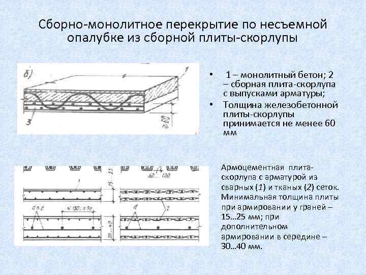 Сборно-монолитное перекрытие по несъемной опалубке из сборной плиты-скорлупы 1 – монолитный бетон; 2 –