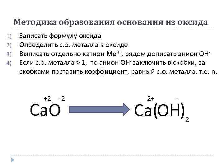 Методика образования основания из оксида 1) 2) 3) 4) Записать формулу оксида Определить с.