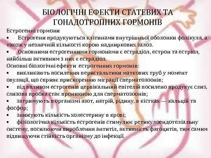 БІОЛОГІЧНІ ЕФЕКТИ СТАТЕВИХ ТА ГОНАДОТРОПНИХ ГОРМОНІВ Естрогенні гормони • Естрогени продукуються клітинами внутрішньої оболонки