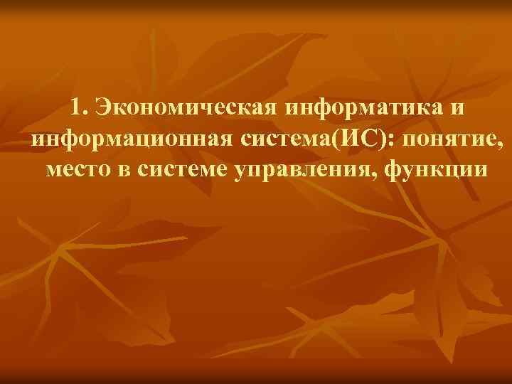 1. Экономическая информатика и информационная система(ИС): понятие, место в системе управления, функции 