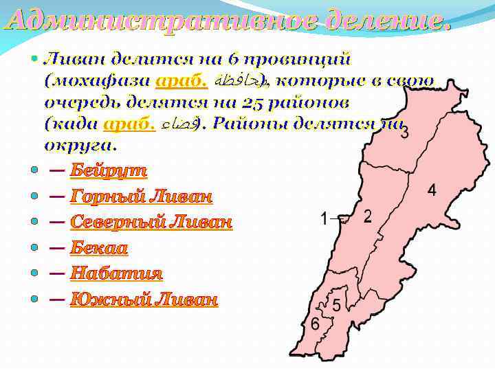 Административное деление. Ливан делится на 6 провинций (мохафаза араб. , ﻣﺤﺎﻓﻈﺔ которые в свою