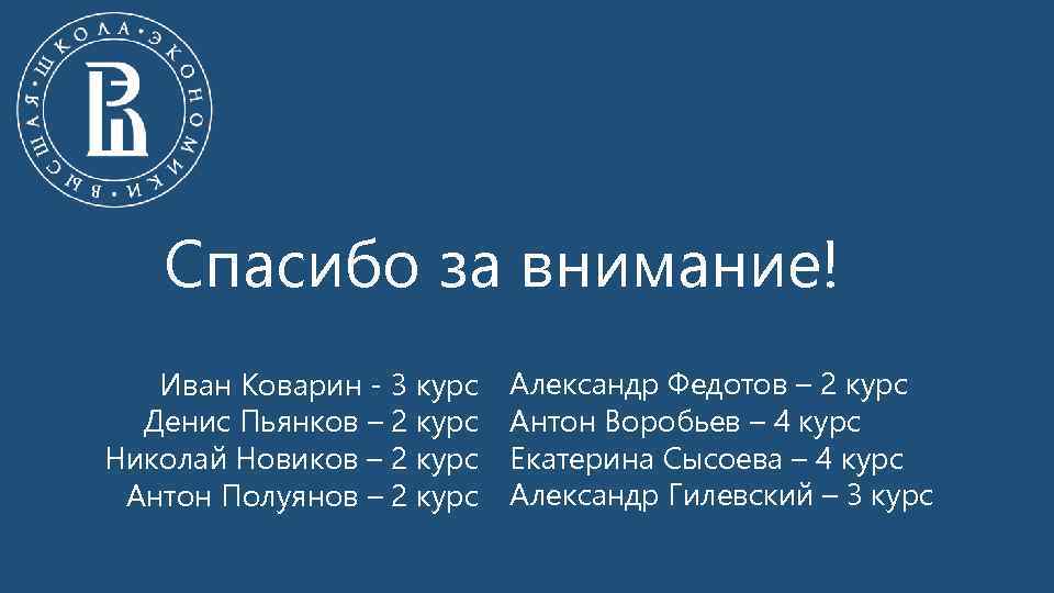 Спасибо за внимание! Иван Коварин - 3 курс Денис Пьянков – 2 курс Николай