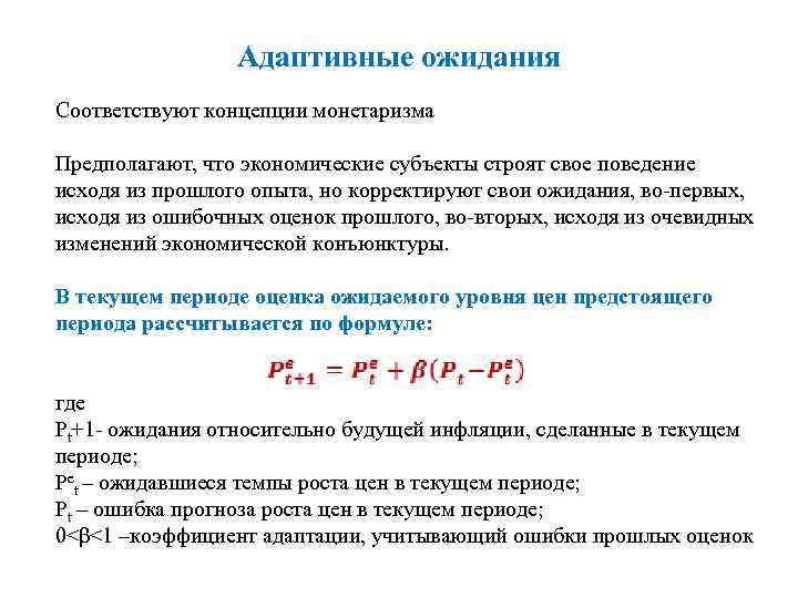 Адаптивные ожидания Соответствуют концепции монетаризма Предполагают, что экономические субъекты строят свое поведение исходя из