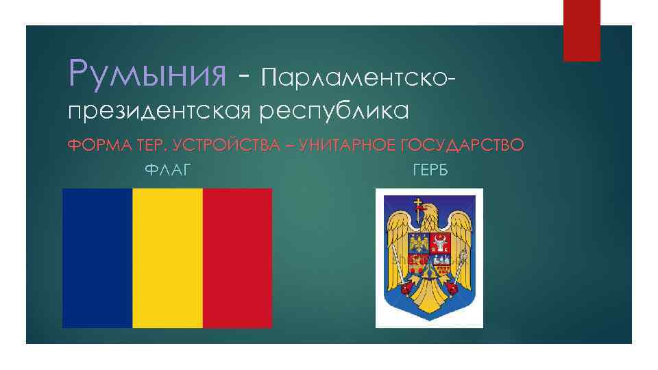 Румыния - Парламентскопрезидентская республика ФОРМА ТЕР. УСТРОЙСТВА – УНИТАРНОЕ ГОСУДАРСТВО ФЛАГ ГЕРБ 