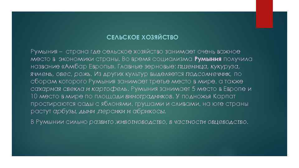 СЕЛЬСКОЕ ХОЗЯЙСТВО Румыния – страна где сельское хозяйство занимает очень важное место в экономики