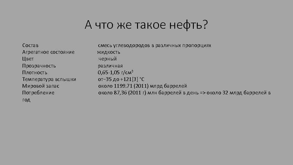 А что же такое нефть? Состав смесь углеводородов в различных пропорциях Агрегатное состояние жидкость