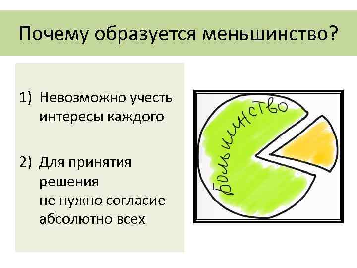 Почему образуется меньшинство? 1) Невозможно учесть интересы каждого 2) Для принятия решения не нужно