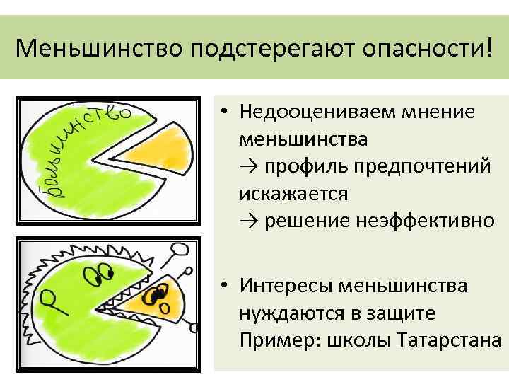 Меньшинство подстерегают опасности! • Недооцениваем мнение меньшинства → профиль предпочтений искажается → решение неэффективно