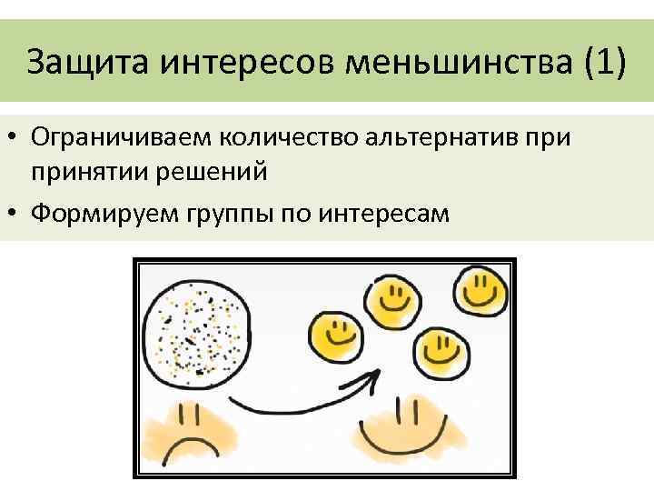 Защита интересов меньшинства (1) • Ограничиваем количество альтернатив принятии решений • Формируем группы по