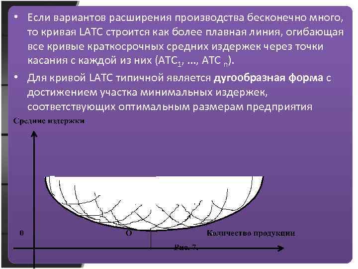  • Если вариантов расширения производства бесконечно много, то кривая LATC строится как более