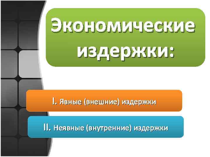 Экономические издержки: I. Явные (внешние) издержки II. Неявные (внутренние) издержки 