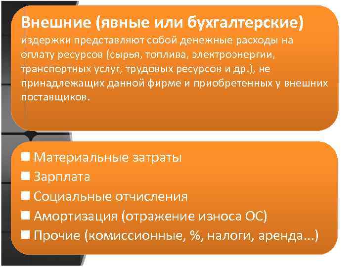 Внешние (явные или бухгалтерские) издержки представляют собой денежные расходы на оплату ресурсов (сырья, топлива,