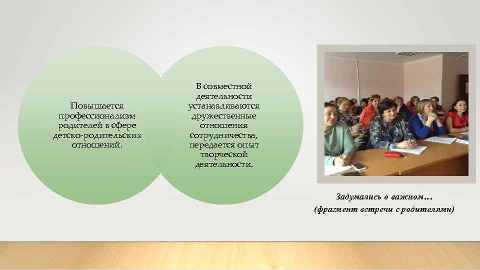 Повышается профессионализм родителей в сфере детско-родительских отношений. В совместной деятельности устанавливаются дружественные отношения сотрудничества,