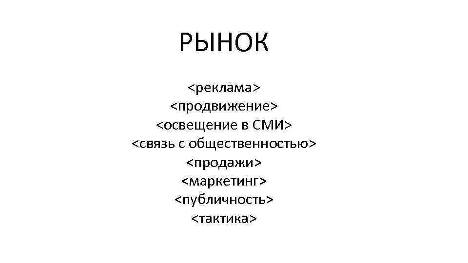 РЫНОК <реклама> <продвижение> <освещение в СМИ> <связь с общественностью> <продажи> <маркетинг> <публичность> <тактика> 