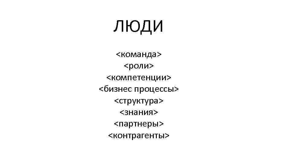 ЛЮДИ <команда> <роли> <компетенции> <бизнес процессы> <структура> <знания> <партнеры> <контрагенты> 