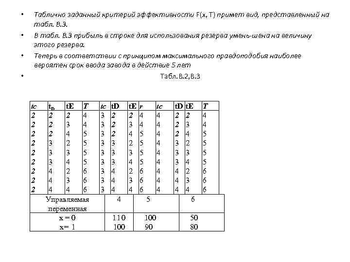  • • Таблично заданный критерий эффективности F(x, Т) примет вид, представленный на табл.