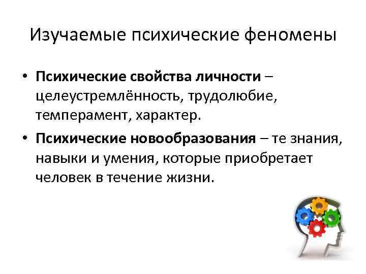 Изучаемые психические феномены • Психические свойства личности – целеустремлённость, трудолюбие, темперамент, характер. • Психические