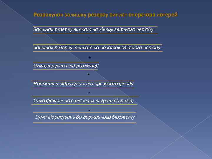 Розрахунок залишку резерву виплат оператора лотерей Залишок резерву виплат на кінець звітного періоду =