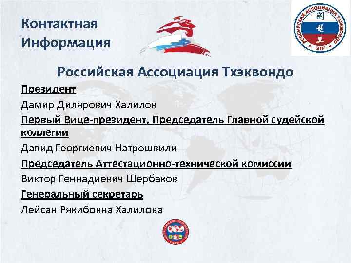 Контактная Информация Российская Ассоциация Тхэквондо Президент Дамир Дилярович Халилов Первый Вице-президент, Председатель Главной судейской