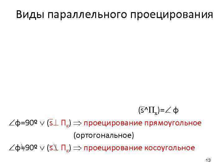 Виды параллельного проецирования (s^Пк)= φ φ=90º (s Пк) проецирование прямоугольное (ортогональное) φ=90º (s Пк)