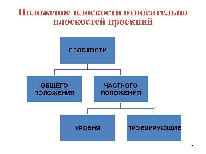 Положение плоскости относительно плоскостей проекций ПЛОСКОСТИ ОБЩЕГО ПОЛОЖЕНИЯ ЧАСТНОГО ПОЛОЖЕНИЯ УРОВНЯ ПРОЕЦИРУЮЩИЕ 43 