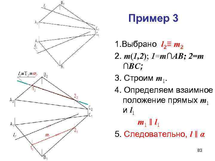 Пример 3 1. Выбрано l 2≡ m 2 2. m(1, 2); 1=m∩АВ; 2=m ∩ВС;