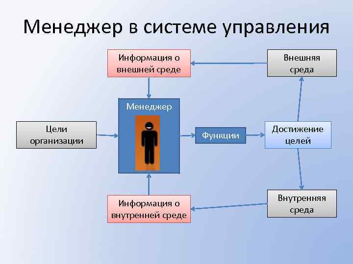 Менеджер в системе управления Внешняя среда Информация о внешней среде Менеджер Цели организации Функции
