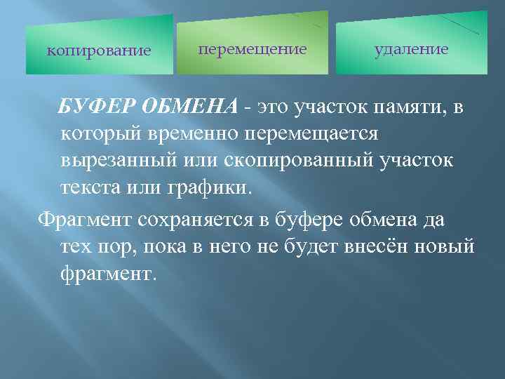 копирование перемещение удаление БУФЕР ОБМЕНА - это участок памяти, в который временно перемещается вырезанный