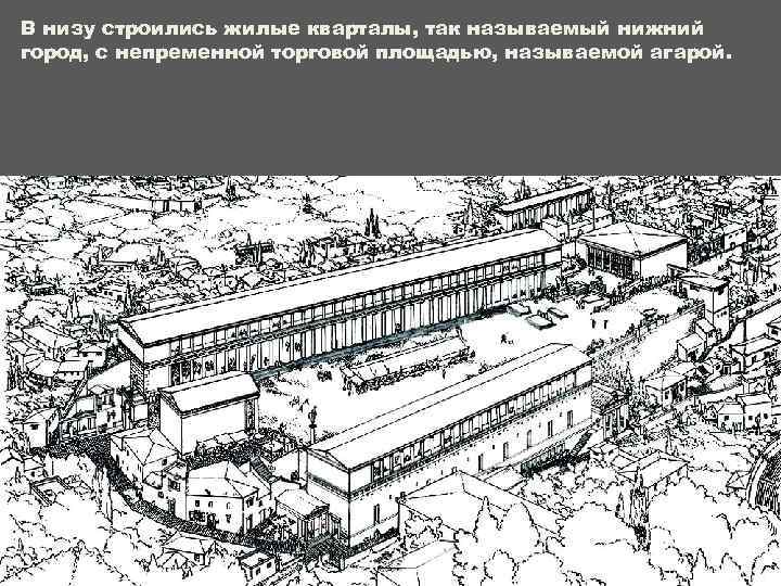 В низу строились жилые кварталы, так называемый нижний город, с непременной торговой площадью, называемой