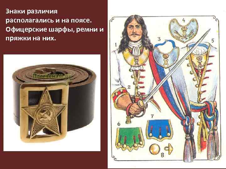 Знаки различия располагались и на поясе. Офицерские шарфы, ремни и пряжки на них. 