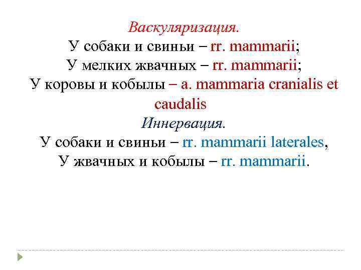 Васкуляризация. У собаки и свиньи – rr. mammarii; У мелких жвачных – rr. mammarii;