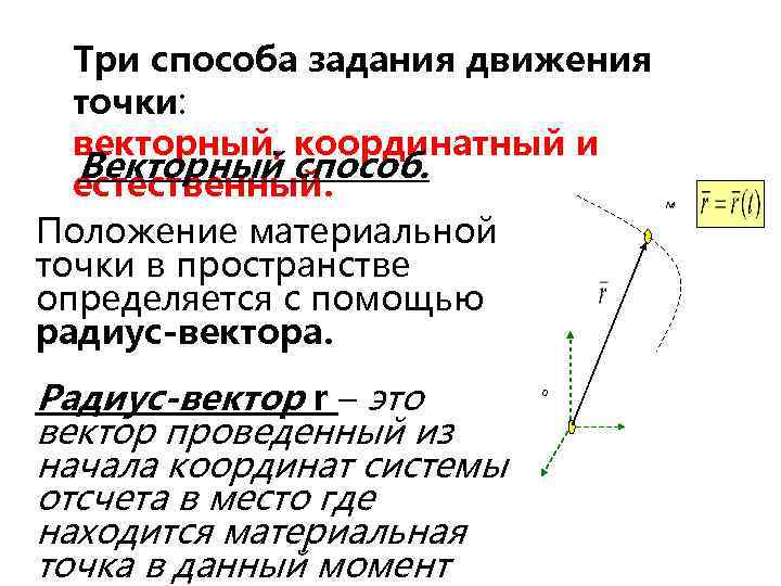 Три способа задания движения точки: векторный, координатный и Векторный способ. естественный. Положение материальной точки