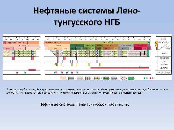 Нефтяные системы Ленотунгусского НГБ 1 -песчаники, 2 - глины, 3 - переслаивание песчаников, глин