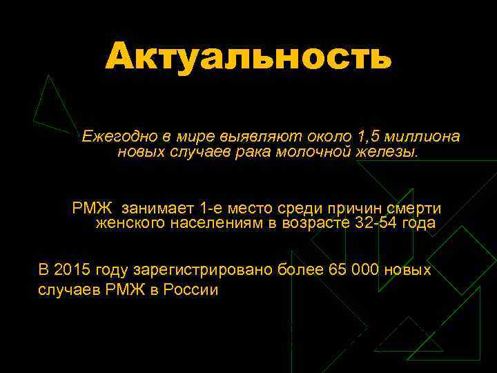 Актуальность Ежегодно в мире выявляют около 1, 5 миллиона новых случаев рака молочной железы.