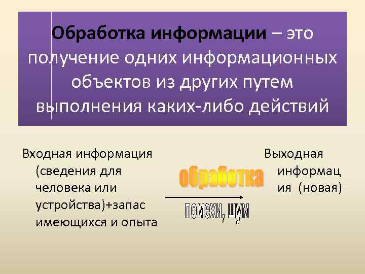 Обработка информации – это получение одних информационных объектов из других путем выполнения каких-либо действий