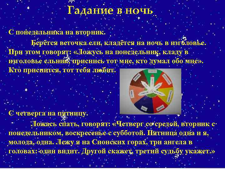 Гадание в ночь С понедельника на вторник. Берётся веточка ели, кладётся на ночь в