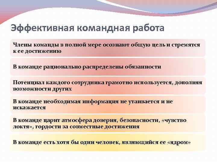 Эффективная командная работа Члены команды в полной мере осознают общую цель и стремятся к