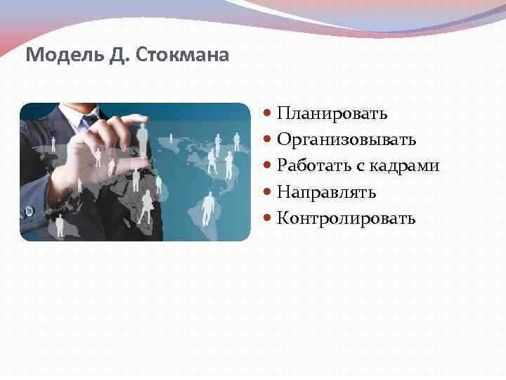 Модель Д. Стокмана Планировать Организовывать Работать с кадрами Направлять Контролировать 