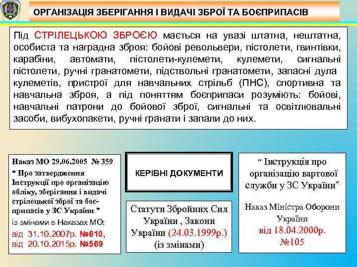 ОРГАНІЗАЦІЯ ЗБЕРІГАННЯ І ВИДАЧІ ЗБРОЇ ТА БОЄПРИПАСІВ Під СТРІЛЕЦЬКОЮ ЗБРОЄЮ мається на увазі штатна,