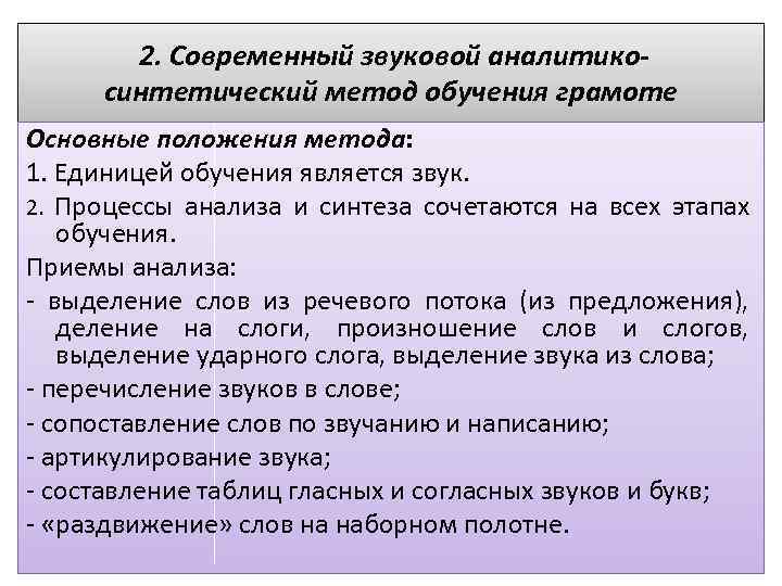 2. Современный звуковой аналитикосинтетический метод обучения грамоте Основные положения метода: 1. Единицей обучения является