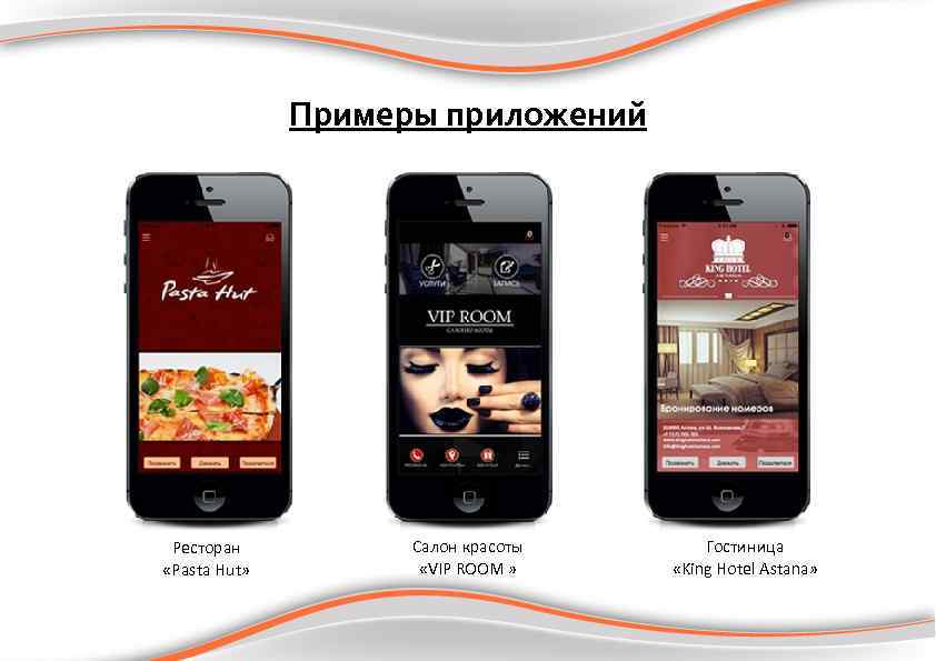Примеры приложений Ресторан «Pasta Hut» Салон красоты «VIP ROOM » Гостиница «King Hotel Astana»